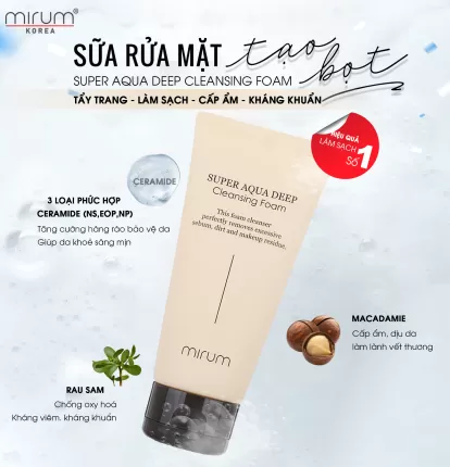 Sữa Rửa Mặt Tạo Bọt, Tẩy Trang, Làm Sạch Sâu Và Siêu Giữ Ẩm Mirum 120ml - Mirum Super Aqua Deep Cleansing Foam